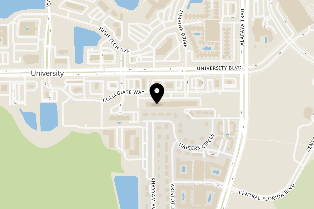 Map showing the location of Desi Bistro on 12058 Collegiate Way in Orlando